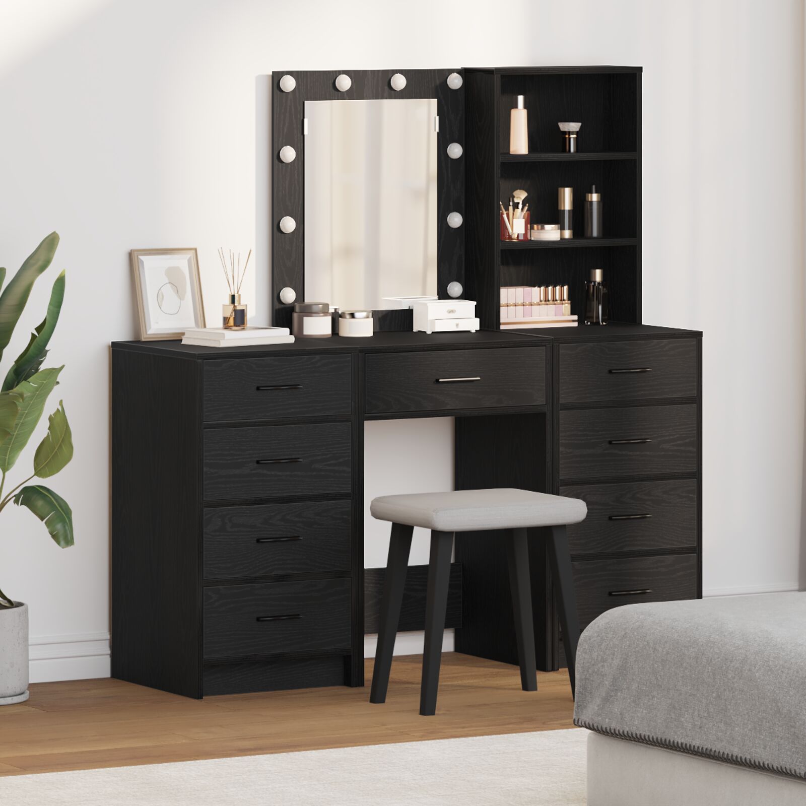 vidaXL 3-teiliges Schminktisch-Set mit LED in Schwarz aus Holzwerkstoff