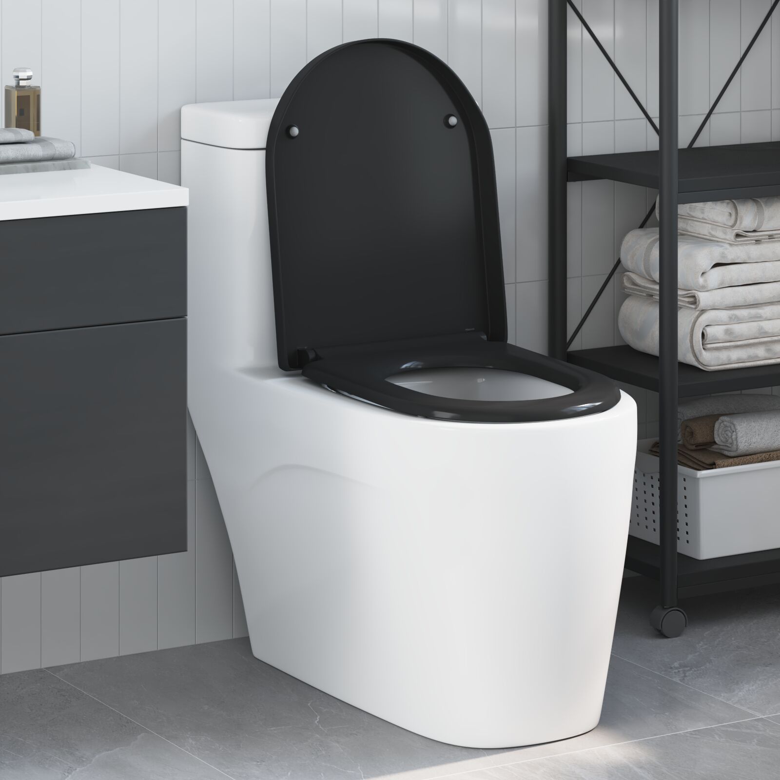 Toilettensitz mit Schnellverschluss und sanftem Schließmechanismus Duroplast Schwarz Toilettensitz mit Schnellverschluss und sanftem Schließmechanismus Duroplast Schwarz