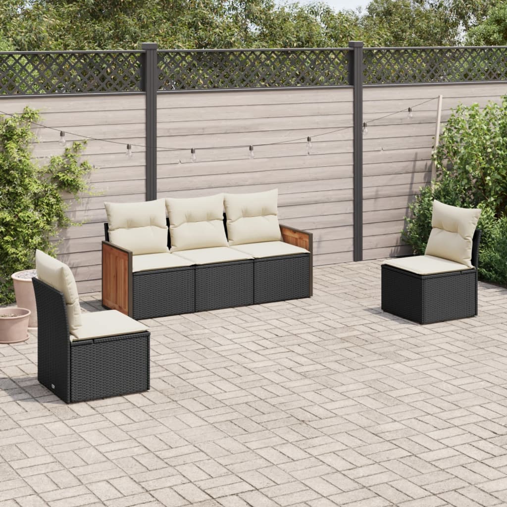 5-tlg. Garten-Sofagarnitur mit Kissen Schwarz Poly Rattan 5-tlg. Garten-Sofagarnitur mit Kissen Schwarz Poly Rattan