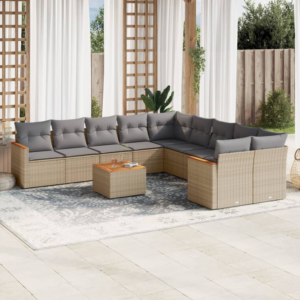 11-tlg. Garten-Sofagarnitur mit Kissen Beige Poly Rattan 11-tlg. Garten-Sofagarnitur mit Kissen Beige Poly Rattan