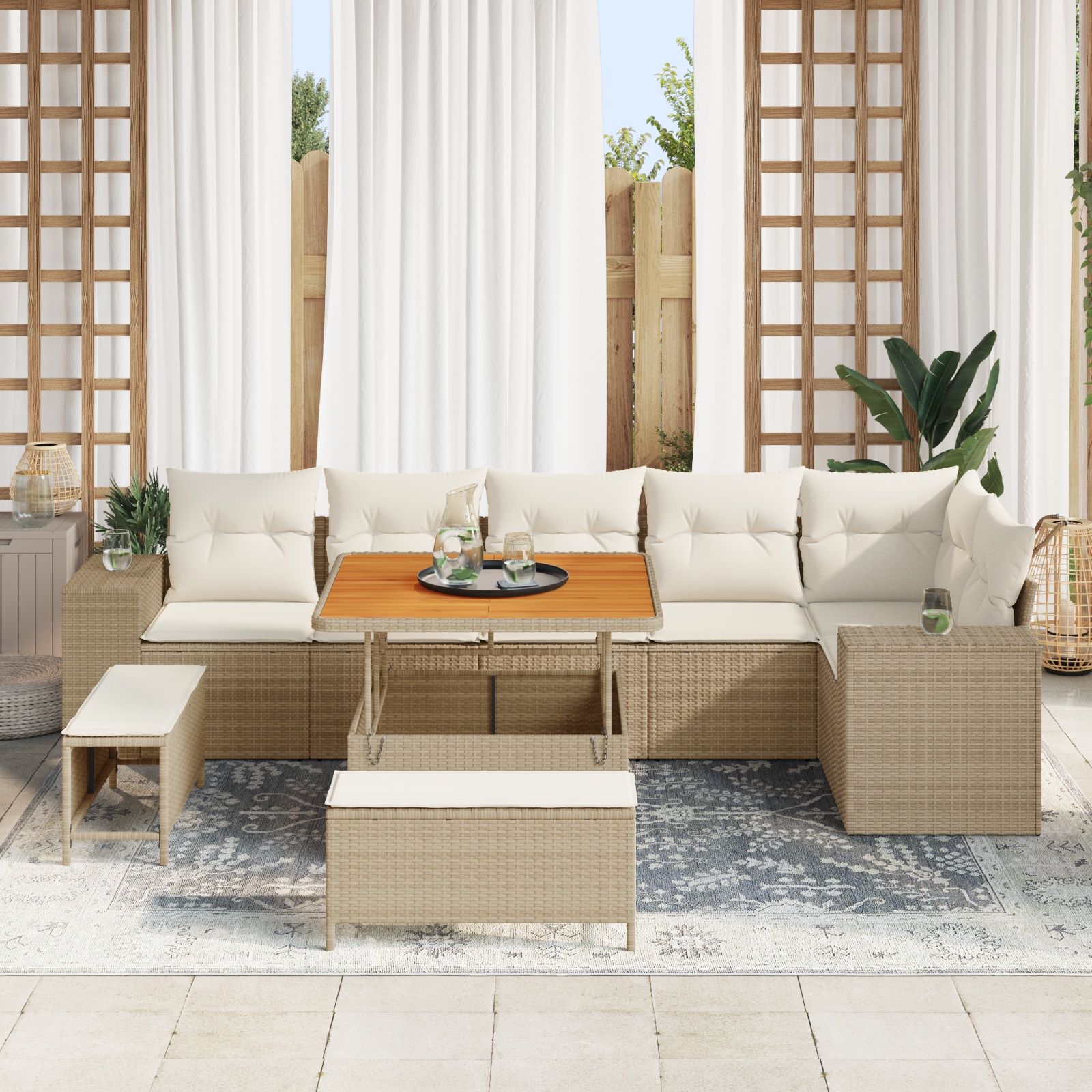 9-teiliges Garten-Sofa-Set mit Kissen Beige Poly-Rattan Akazie 9-teiliges Garten-Sofa-Set mit Kissen Beige Poly-Rattan Akazie