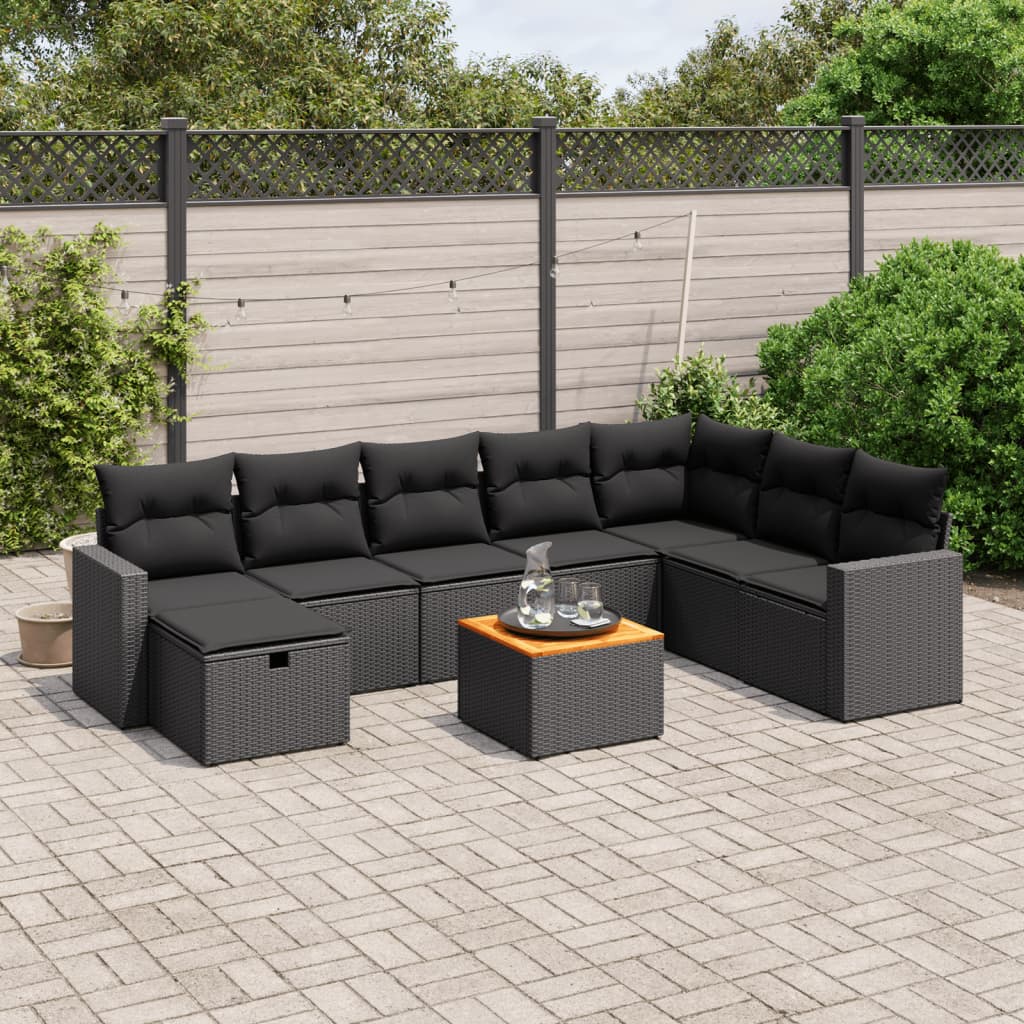 9-tlg. Garten-Sofagarnitur mit Kissen Schwarz Poly Rattan 9-tlg. Garten-Sofagarnitur mit Kissen Schwarz Poly Rattan
