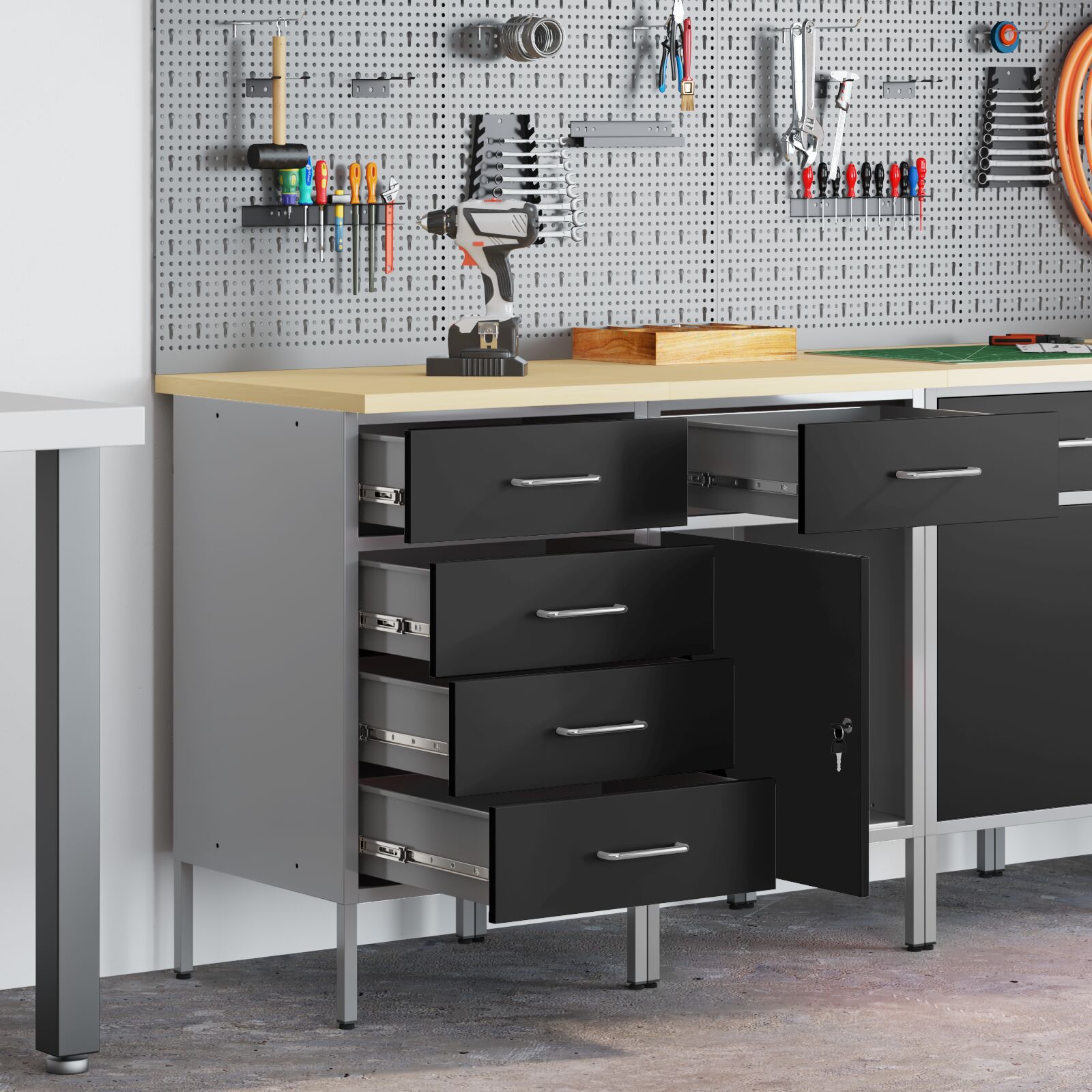 vidaXL 2-teiliges Werkstattschrank-Set in Schwarz und Grau aus Holzwerkstoff und Stahl vidaXL 2-teiliges Werkstattschrank-Set in Schwarz und Grau aus Holzwerkstoff und Stahl