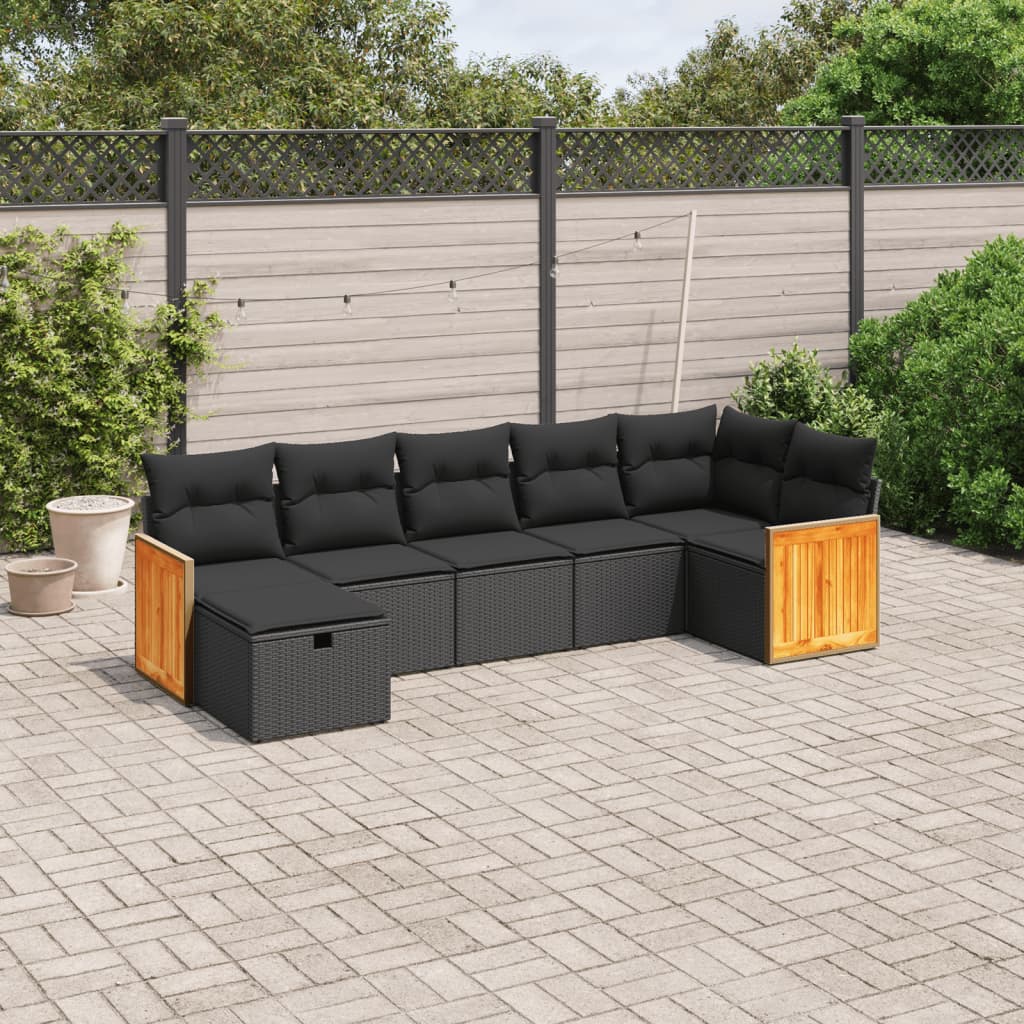 7-tlg. Garten-Sofagarnitur mit Kissen Schwarz Poly Rattan 7-tlg. Garten-Sofagarnitur mit Kissen Schwarz Poly Rattan