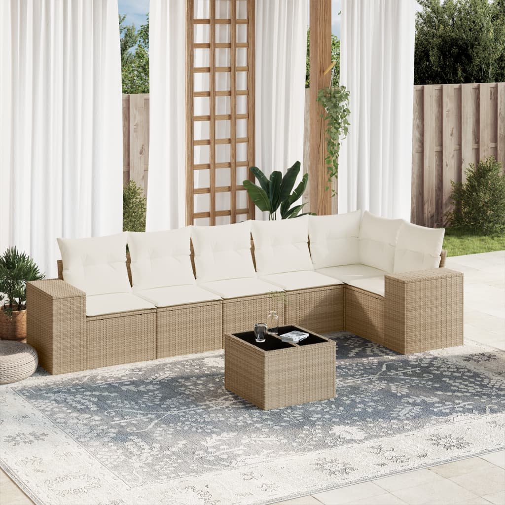 7-tlg. Garten-Sofagarnitur mit Kissen Beige Poly Rattan 7-tlg. Garten-Sofagarnitur mit Kissen Beige Poly Rattan