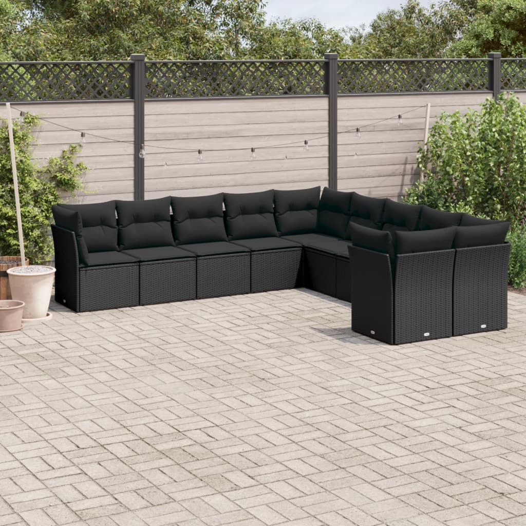 10-tlg. Garten-Sofagarnitur mit Kissen Schwarz Poly Rattan 10-tlg. Garten-Sofagarnitur mit Kissen Schwarz Poly Rattan