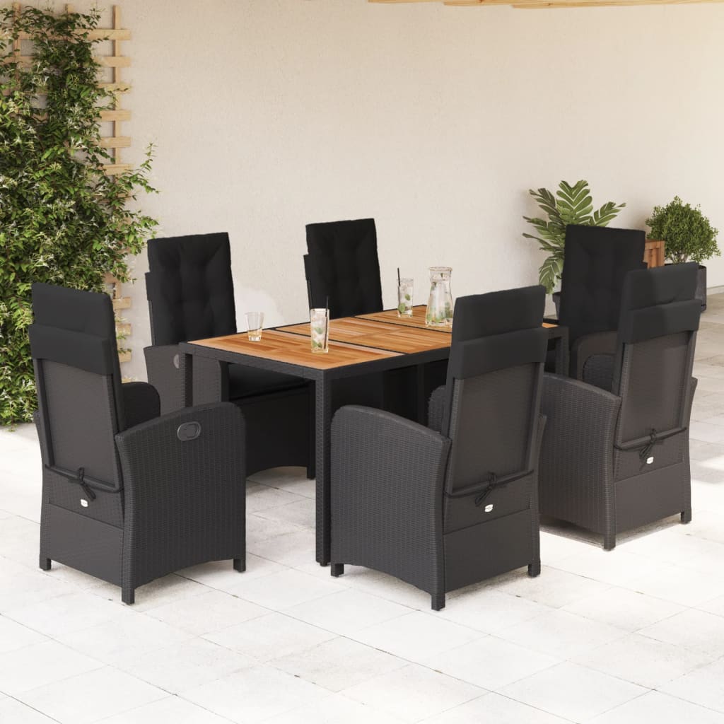 7-tlg. Garten-Essgruppe mit Kissen Schwarz Poly Rattan