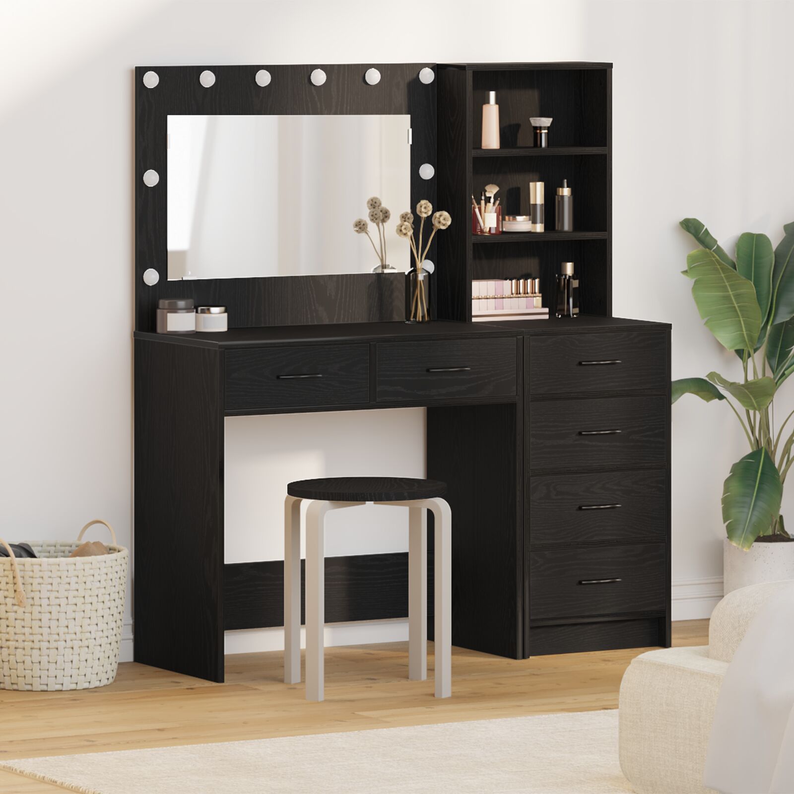 vidaXL 2-teiliges Schminktisch-Set mit LED Schwarz Holzwerkstoff