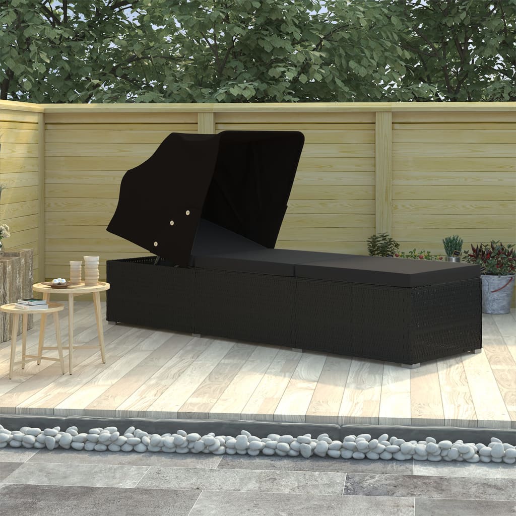 Sonnenliege mit Sonnenschutz und Auflage Poly Rattan Schwarz Sonnenliege mit Sonnenschutz und Auflage Poly Rattan Schwarz