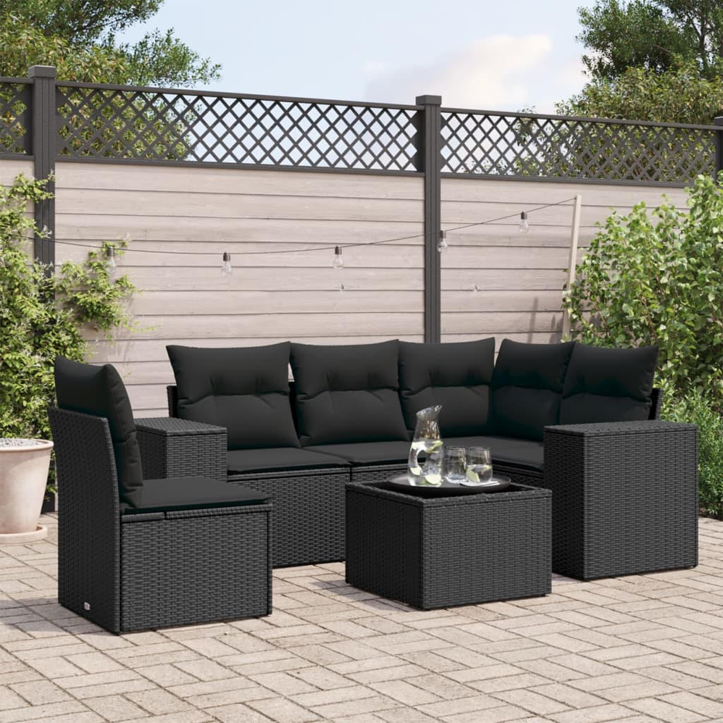 6-tlg. Garten-Sofagarnitur mit Kissen Schwarz Poly Rattan 6-tlg. Garten-Sofagarnitur mit Kissen Schwarz Poly Rattan