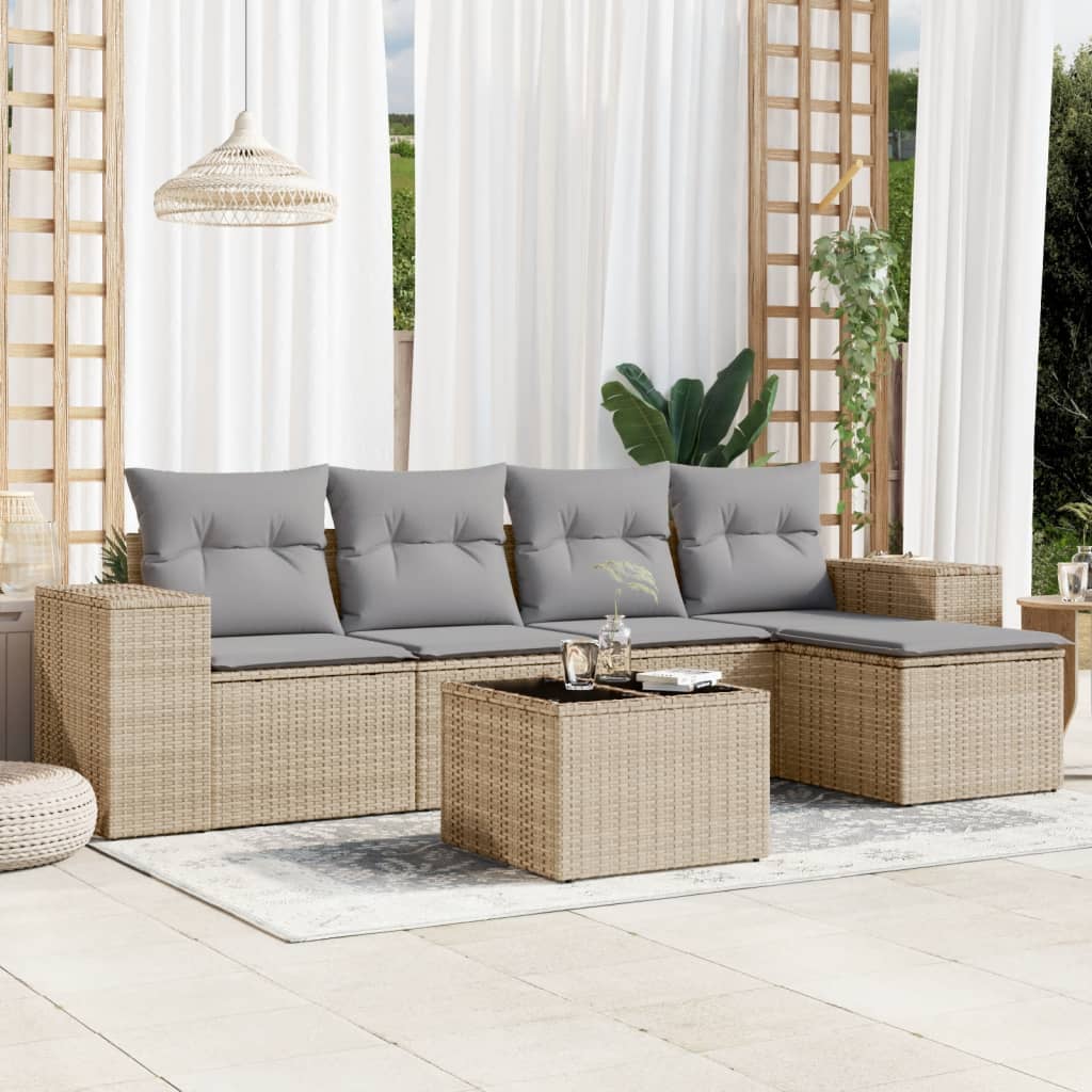 6-tlg. Garten-Sofagarnitur mit Kissen Beige Poly Rattan 6-tlg. Garten-Sofagarnitur mit Kissen Beige Poly Rattan