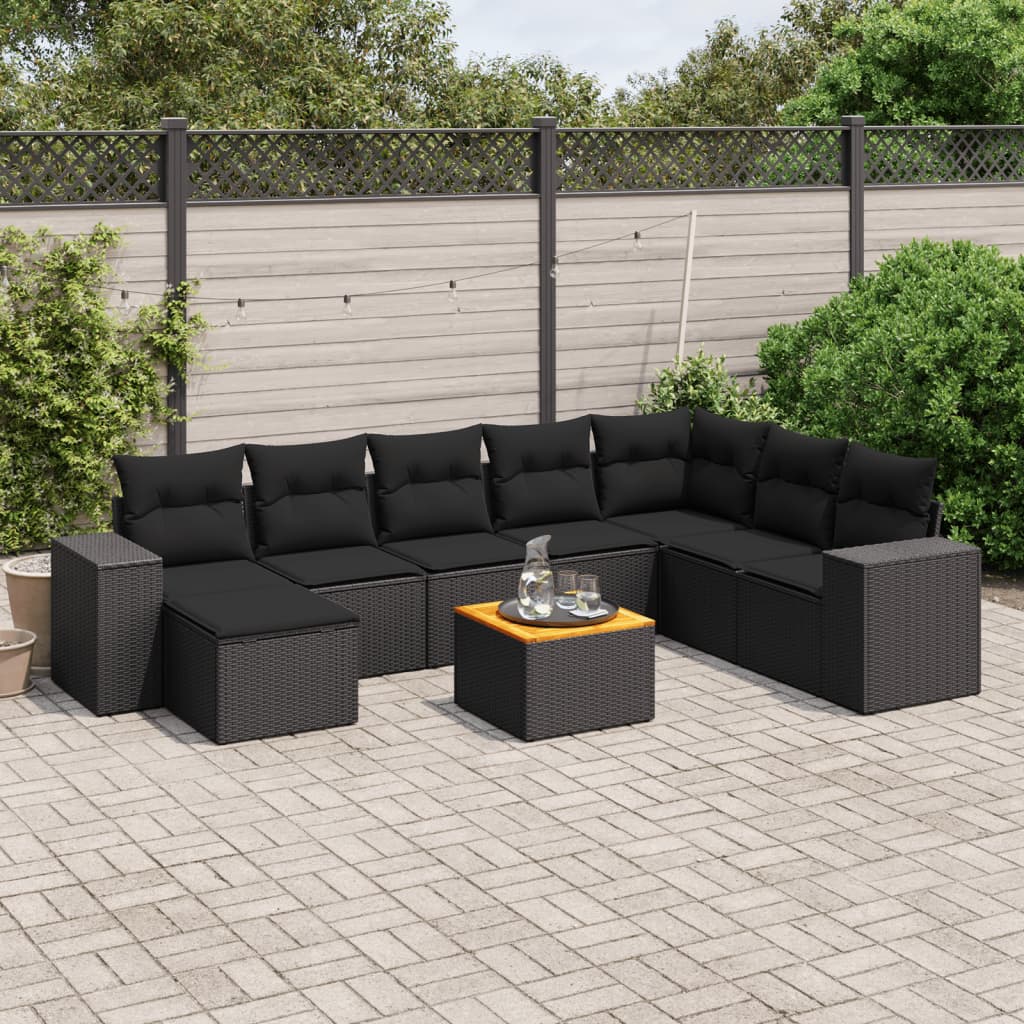 9-tlg. Garten-Sofagarnitur mit Kissen Schwarz Poly Rattan 9-tlg. Garten-Sofagarnitur mit Kissen Schwarz Poly Rattan