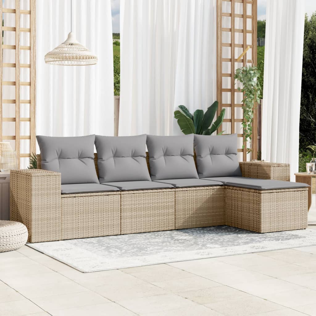 5-tlg. Garten-Sofagarnitur mit Kissen Beige Poly Rattan 5-tlg. Garten-Sofagarnitur mit Kissen Beige Poly Rattan
