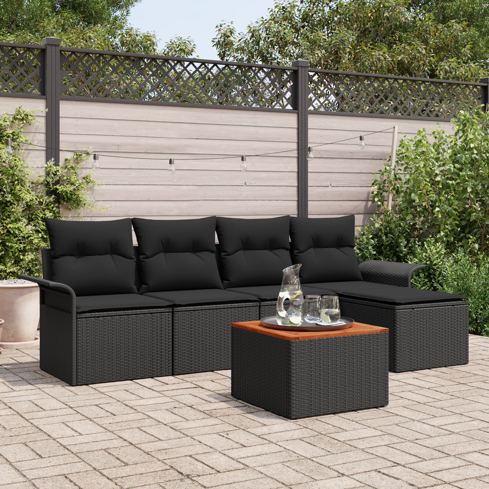 Garten Sofa Set 6 Teile Schwarz und Holzton Poly-Rattan und Holz
