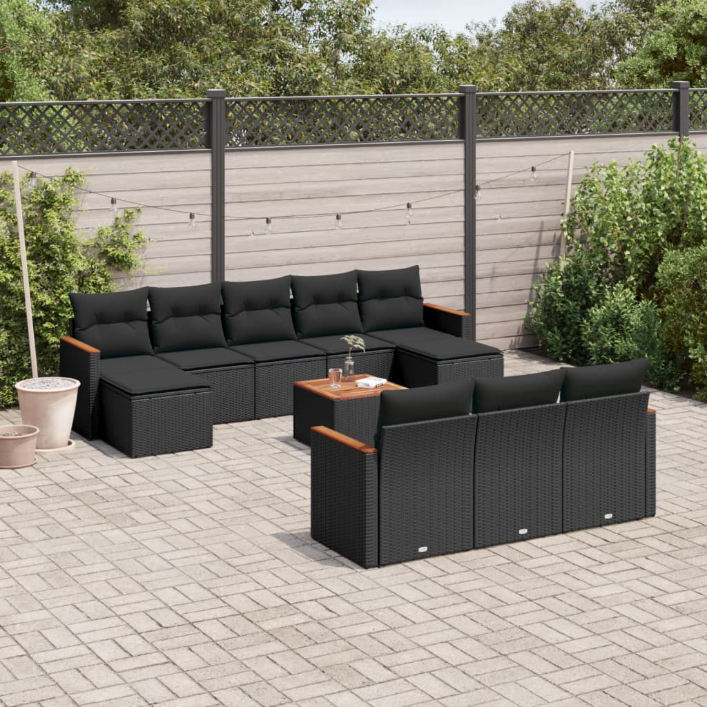 11-tlg. Garten-Sofagarnitur mit Kissen Schwarz Poly Rattan 11-tlg. Garten-Sofagarnitur mit Kissen Schwarz Poly Rattan