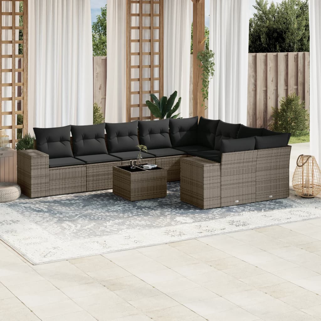 10-tlg. Garten-Sofagarnitur mit Kissen Grau Poly Rattan