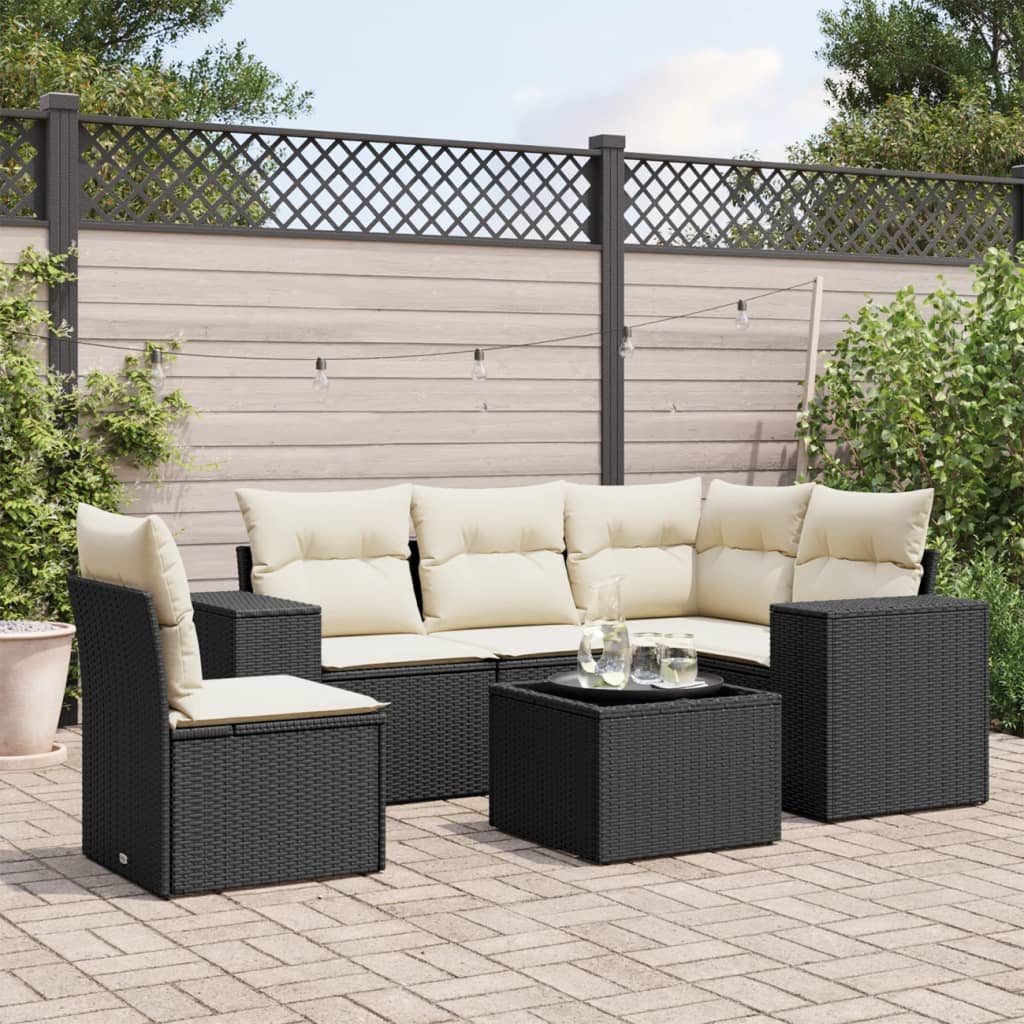 6-tlg. Garten-Sofagarnitur mit Kissen Schwarz Poly Rattan 6-tlg. Garten-Sofagarnitur mit Kissen Schwarz Poly Rattan