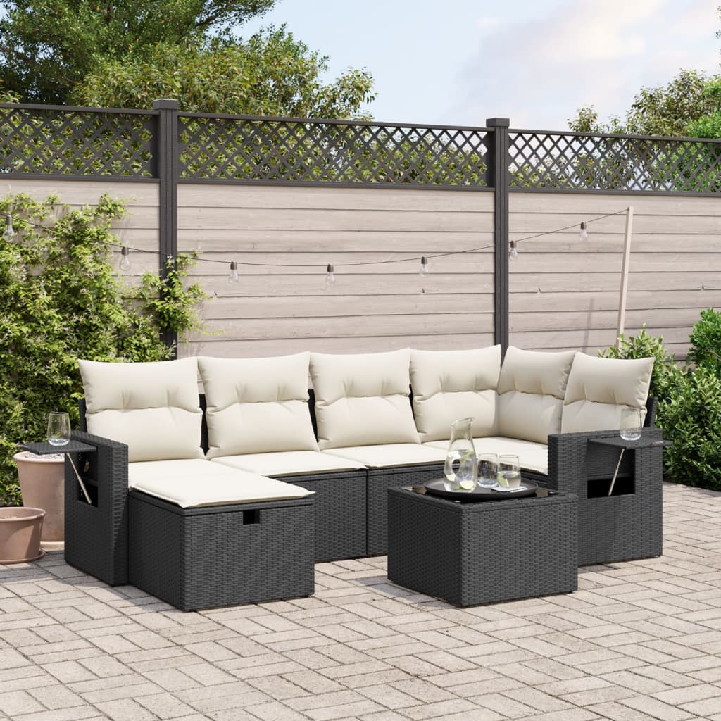 7-tlg. Garten-Sofagarnitur mit Kissen Schwarz Poly Rattan 7-tlg. Garten-Sofagarnitur mit Kissen Schwarz Poly Rattan