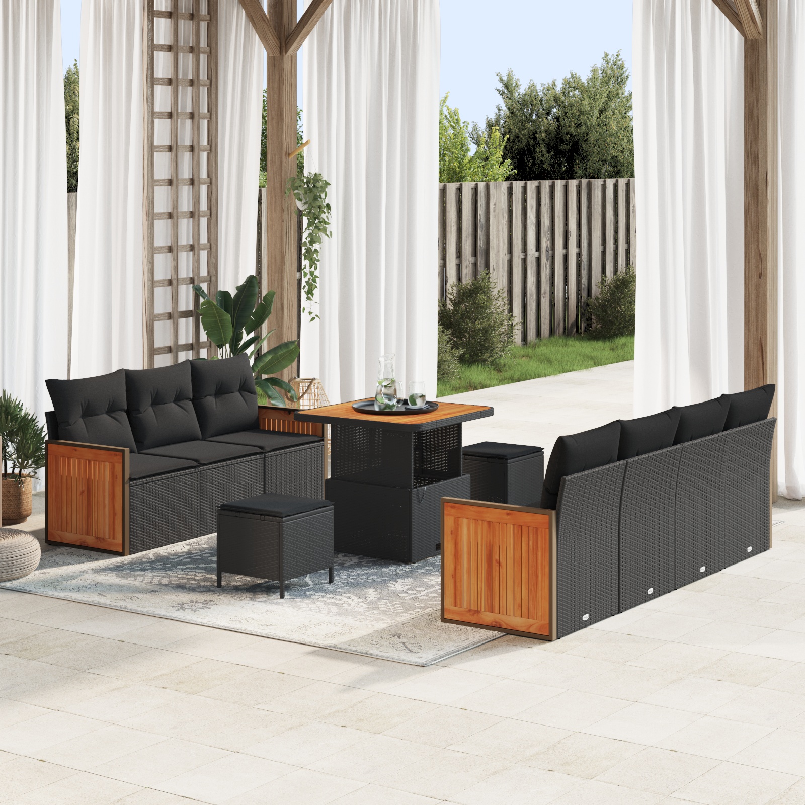 10-teiliges Garten-Sofaset mit Kissen Schwarz Poly Rattan Akazie 10-teiliges Garten-Sofaset mit Kissen Schwarz Poly Rattan Akazie