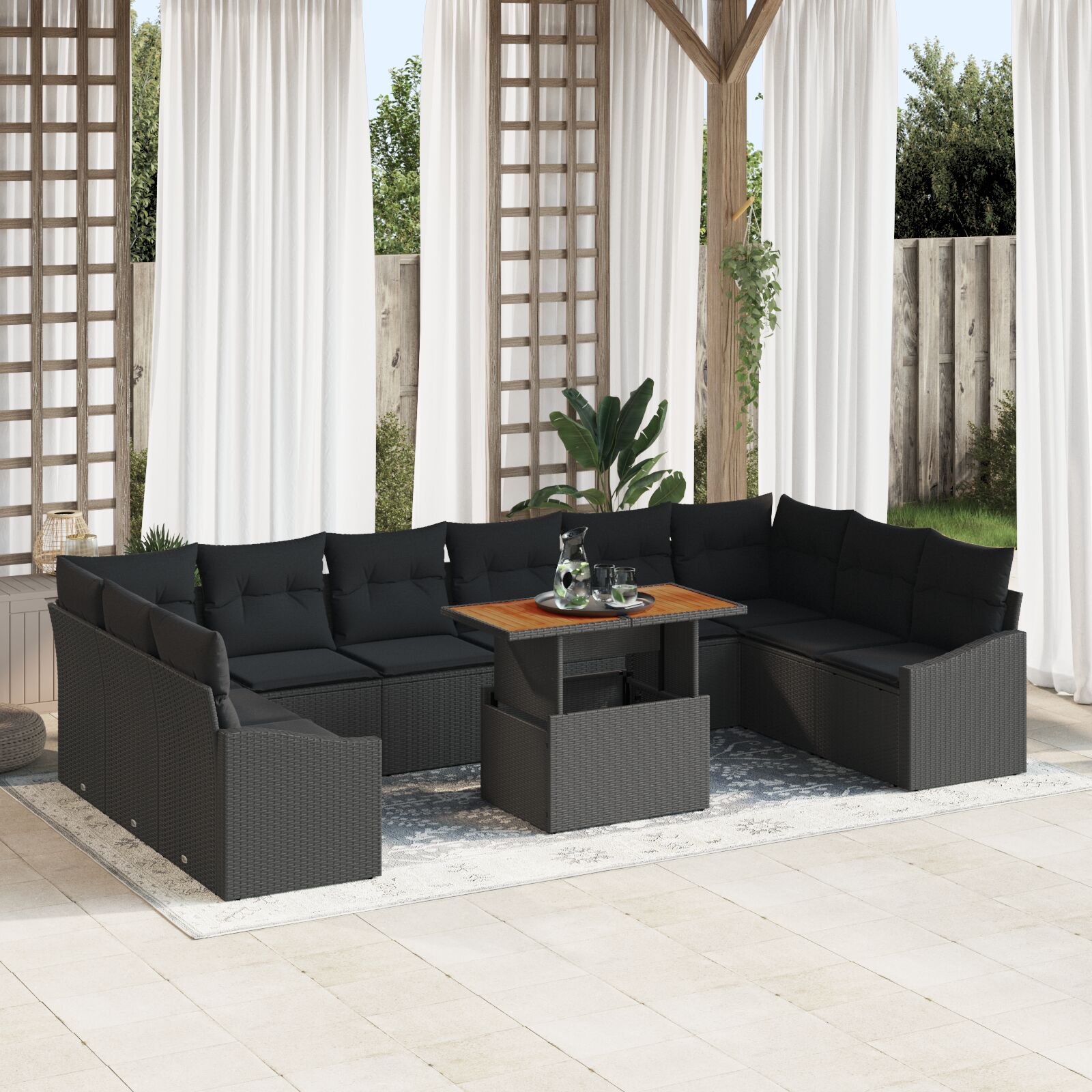 vidaXL Garten-Sofa-Set 11-teilig Schwarz Rattan und Holz Rechteckig