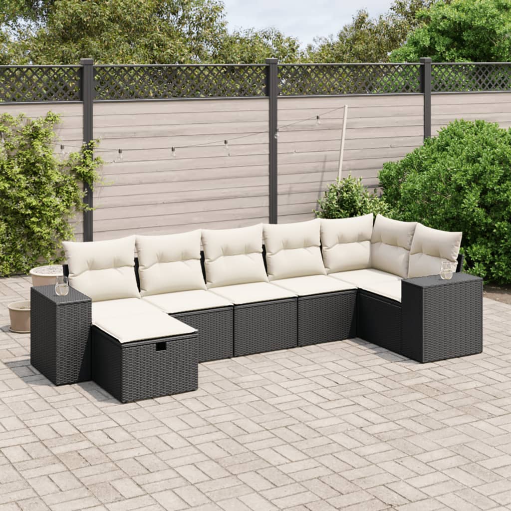 7-tlg. Garten-Sofagarnitur mit Kissen Schwarz Poly Rattan 7-tlg. Garten-Sofagarnitur mit Kissen Schwarz Poly Rattan