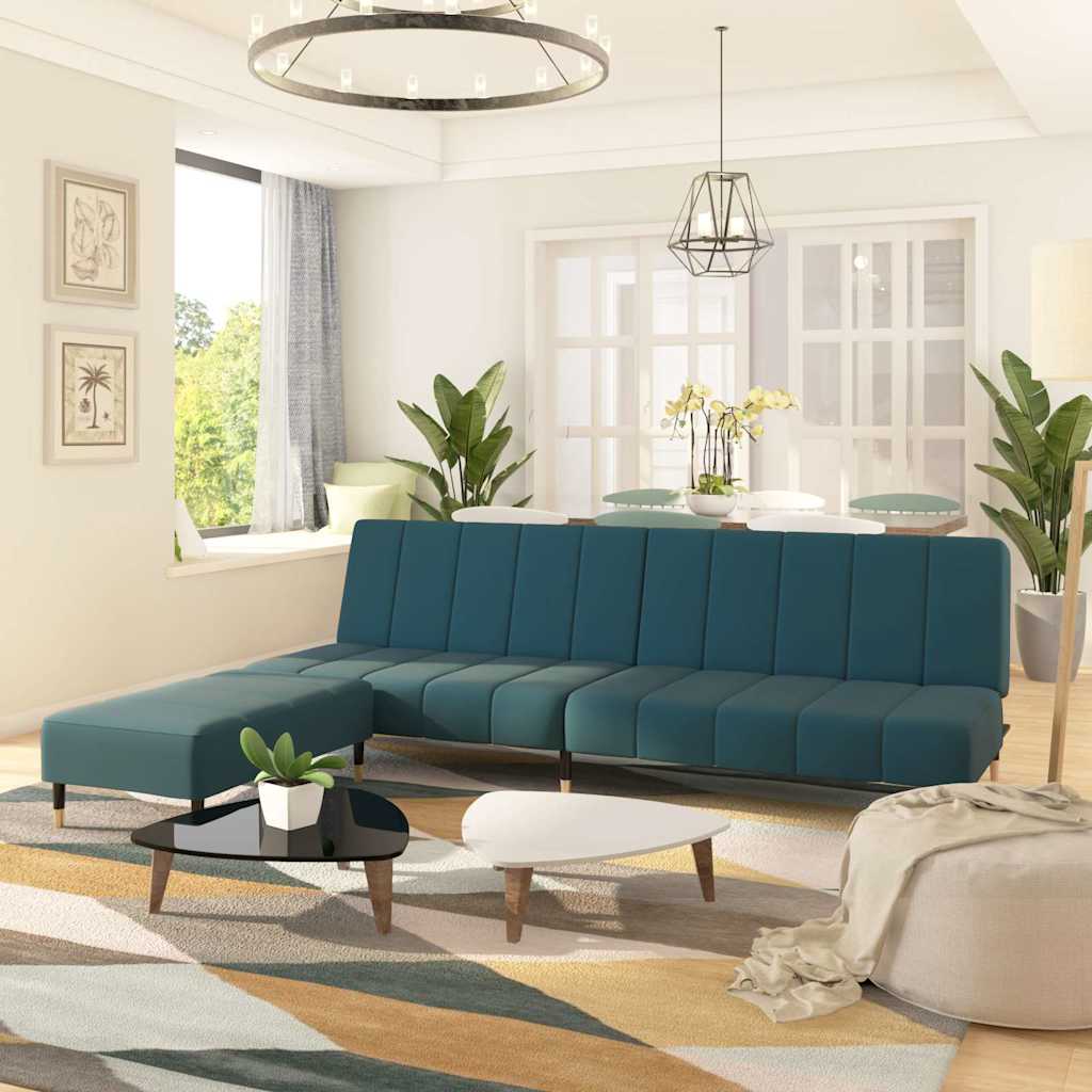 Schlafsofa 2-Sitzer mit Hocker Blau Samt