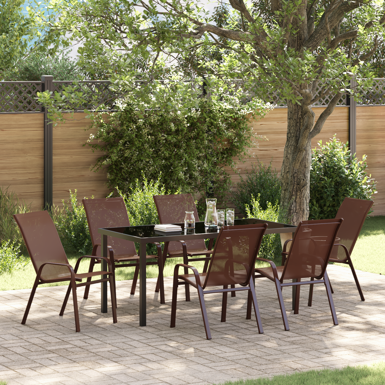 7-teiliges Garten Esszimmer Set Braun Textilene und Stahl 7-teiliges Garten Esszimmer Set Braun Textilene und Stahl