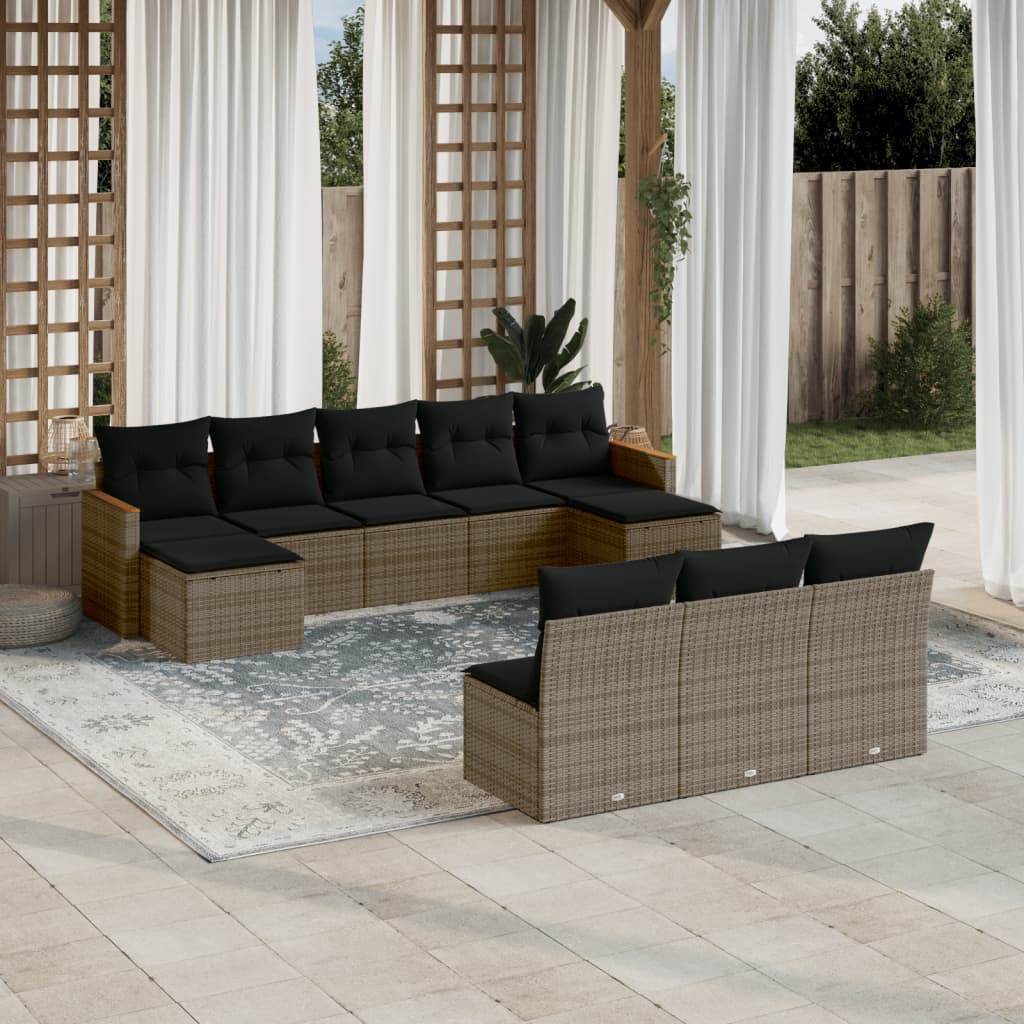 10-tlg. Garten-Sofagarnitur mit Kissen Grau Poly Rattan 10-tlg. Garten-Sofagarnitur mit Kissen Grau Poly Rattan