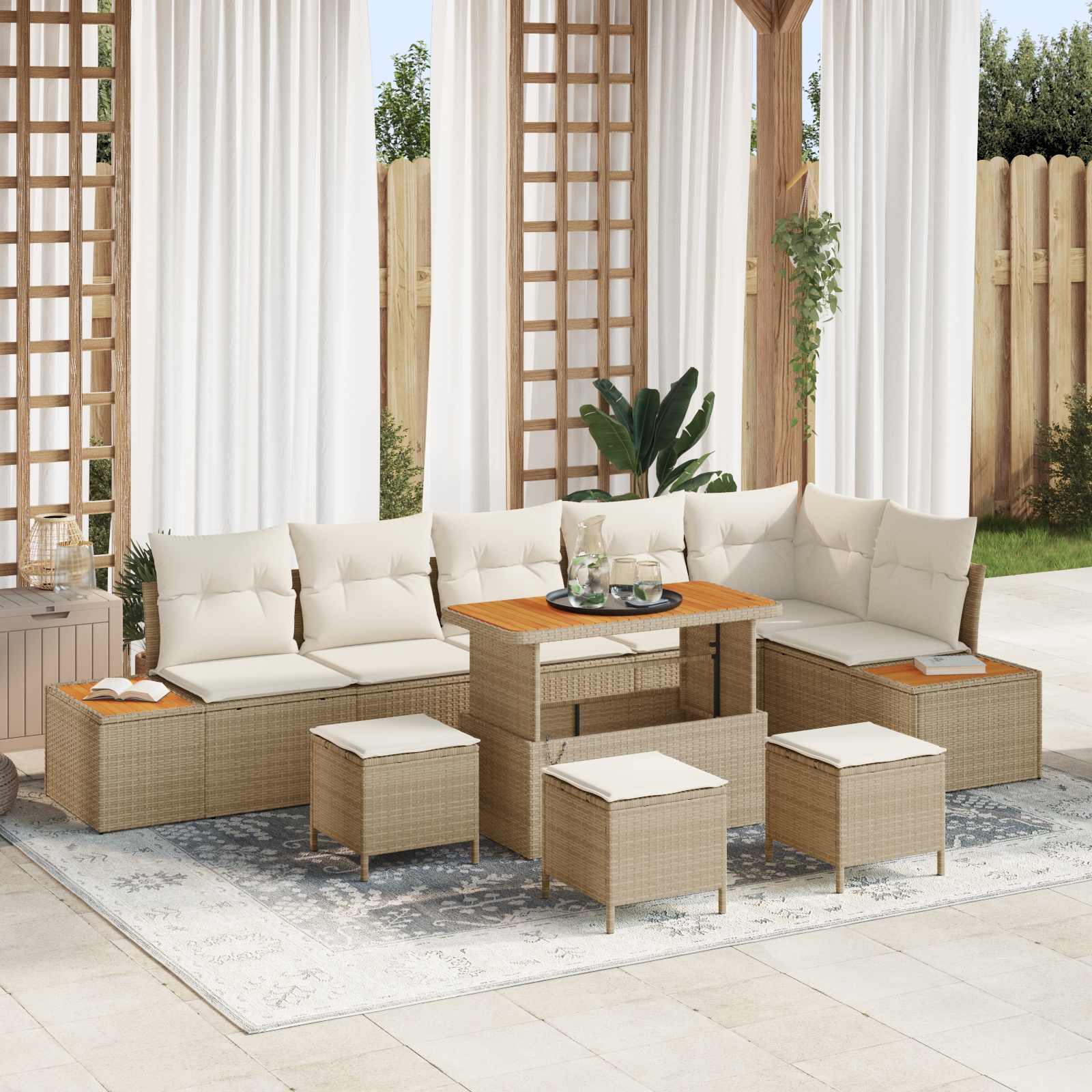 10-teiliges Garten Sofa Set mit Kissen Beige Poly Rattan Akazie 10-teiliges Garten Sofa Set mit Kissen Beige Poly Rattan Akazie
