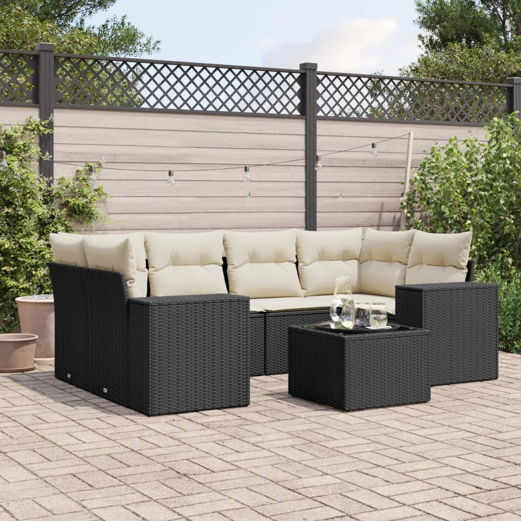 7-tlg. Garten-Sofagarnitur mit Kissen Schwarz Poly Rattan 7-tlg. Garten-Sofagarnitur mit Kissen Schwarz Poly Rattan