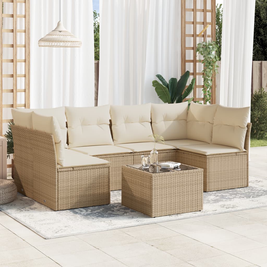 7-tlg. Garten-Sofagarnitur mit Kissen Beige Poly Rattan 7-tlg. Garten-Sofagarnitur mit Kissen Beige Poly Rattan