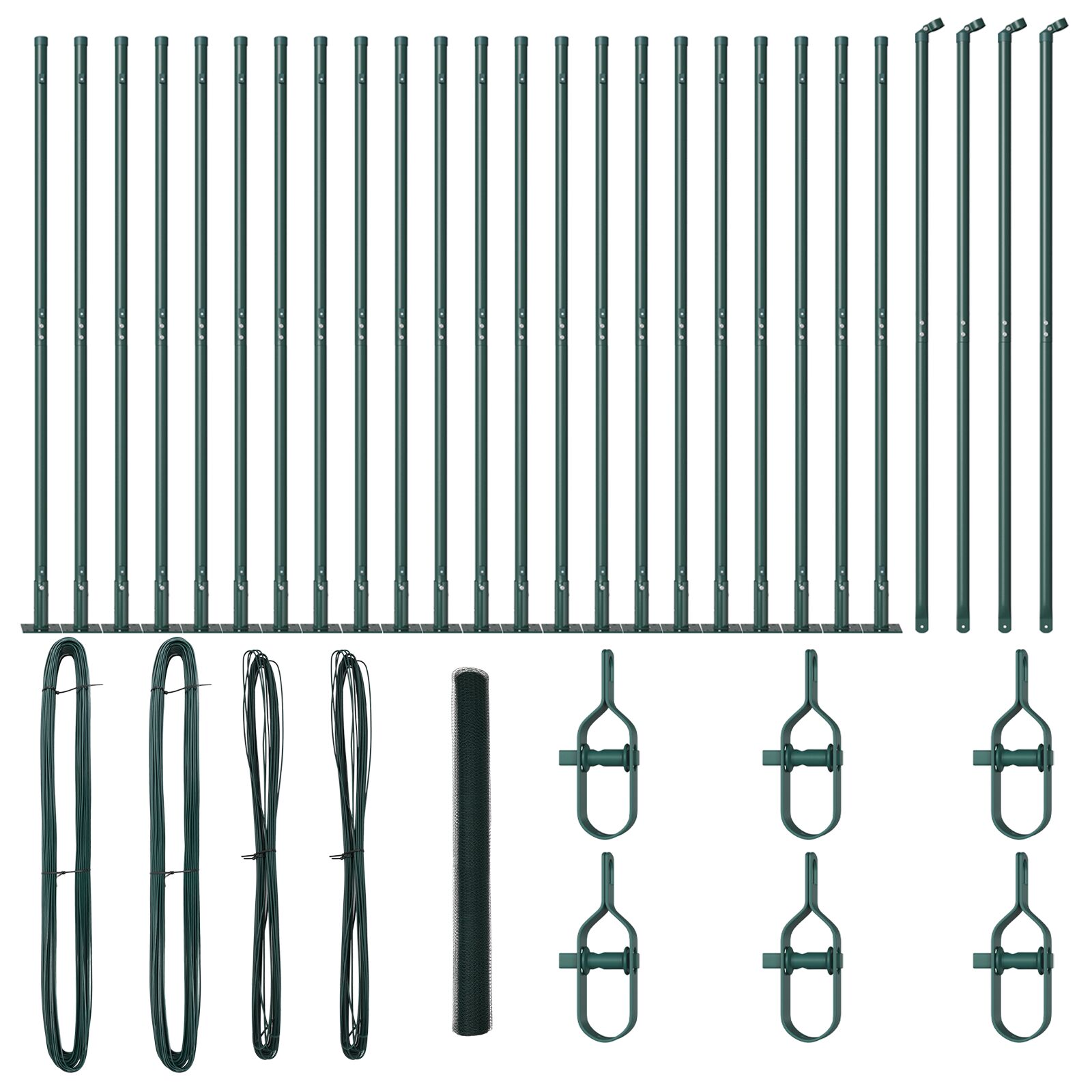 Sechseckzaun Grün 1.6x50 m Stahl, Zaunpfosten mit Bodenplatten 13 Stück Ø32mm 88,5cm Verzinkter Stahl