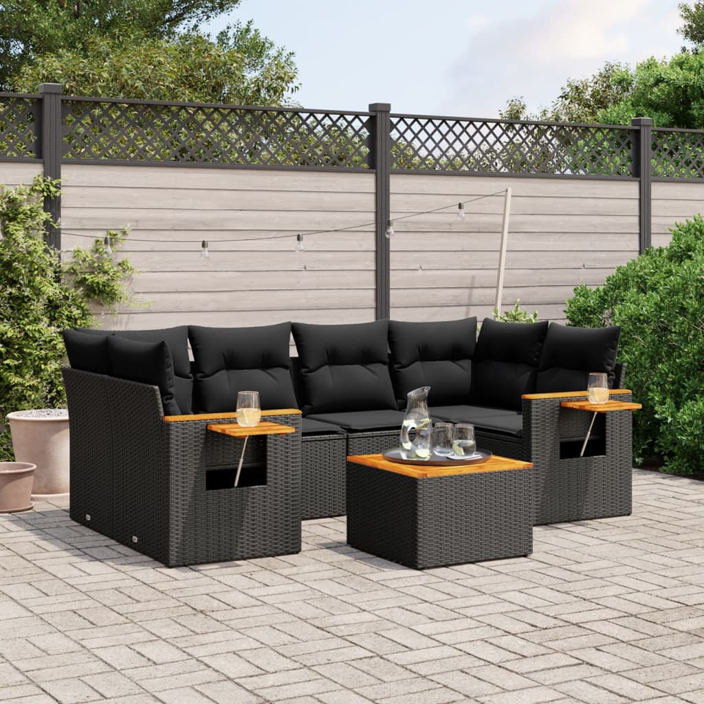 7-tlg. Garten-Sofagarnitur mit Kissen Schwarz Poly Rattan 7-tlg. Garten-Sofagarnitur mit Kissen Schwarz Poly Rattan
