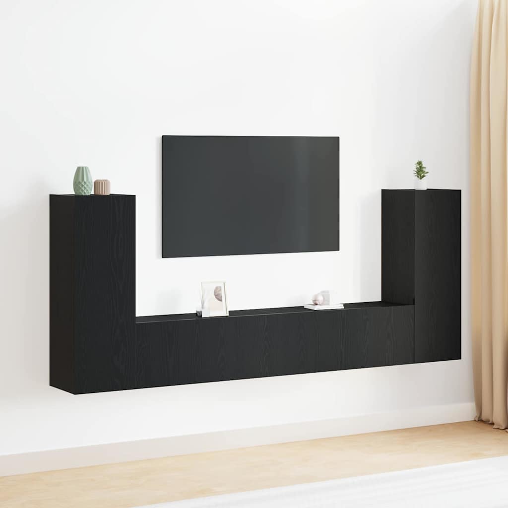 TV-Schrank Set mit 4 Teilen - Wandmontiert, Schwarze Eiche, Fertigteil