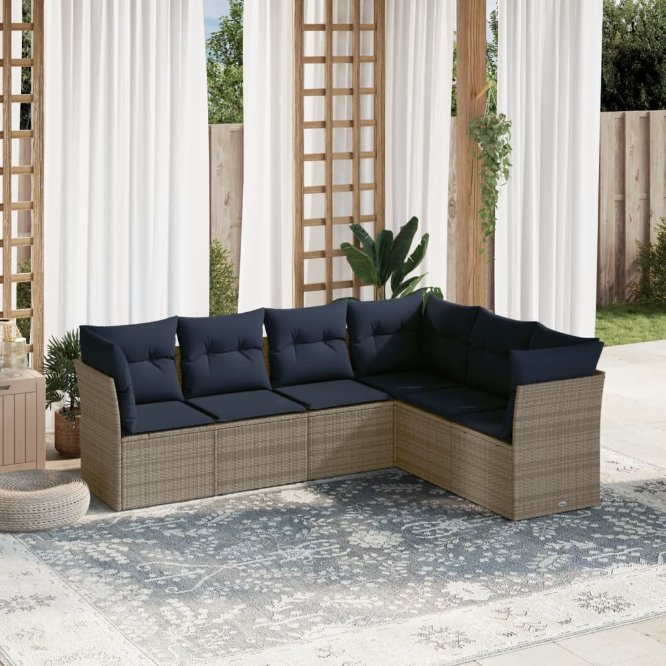 6-teiliges Gartensofa-Set mit Kissen, grau, Polyrattan 6-teiliges Gartensofa-Set mit Kissen, grau, Polyrattan