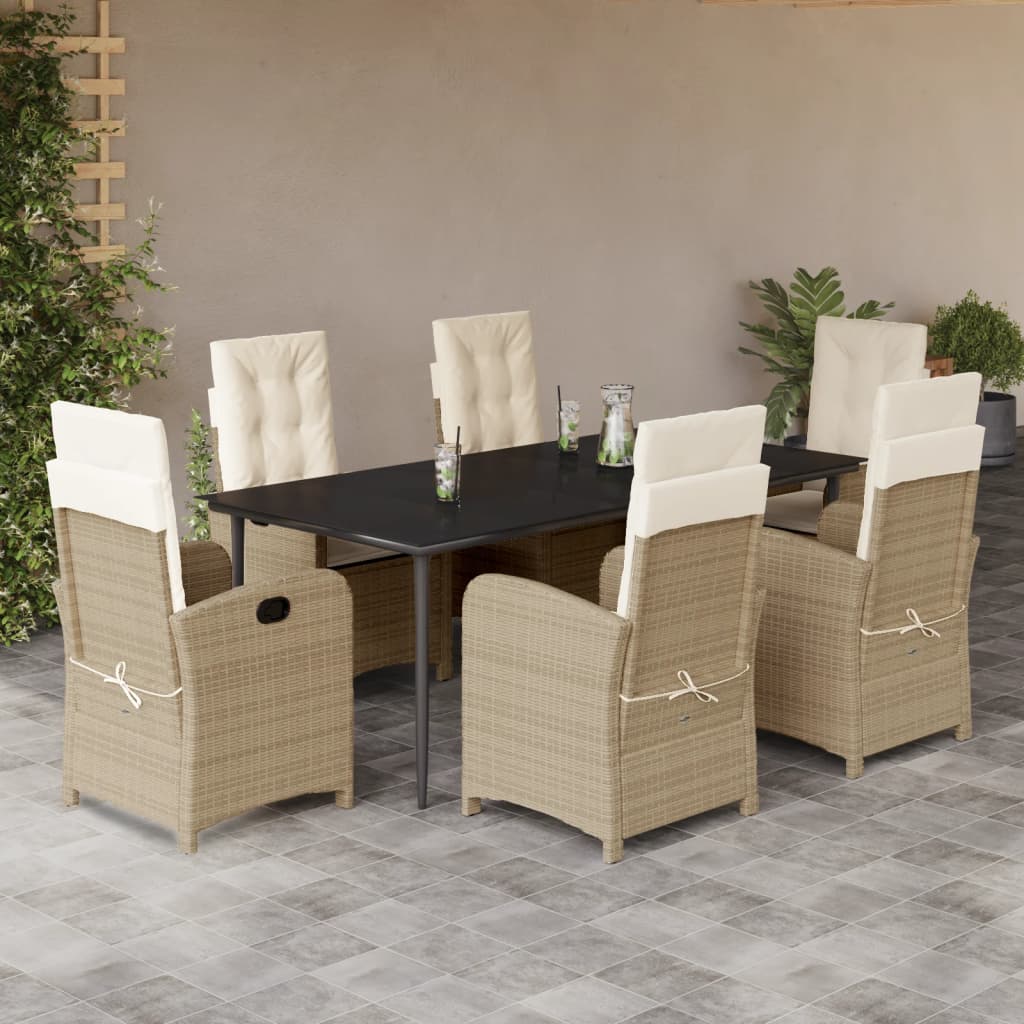 7-tlg. Garten-Essgruppe mit Kissen Beige Poly Rattan