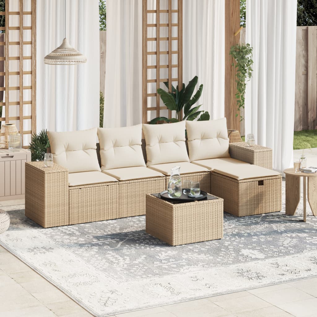 6-tlg. Garten-Sofagarnitur mit Kissen Beige Poly Rattan 6-tlg. Garten-Sofagarnitur mit Kissen Beige Poly Rattan
