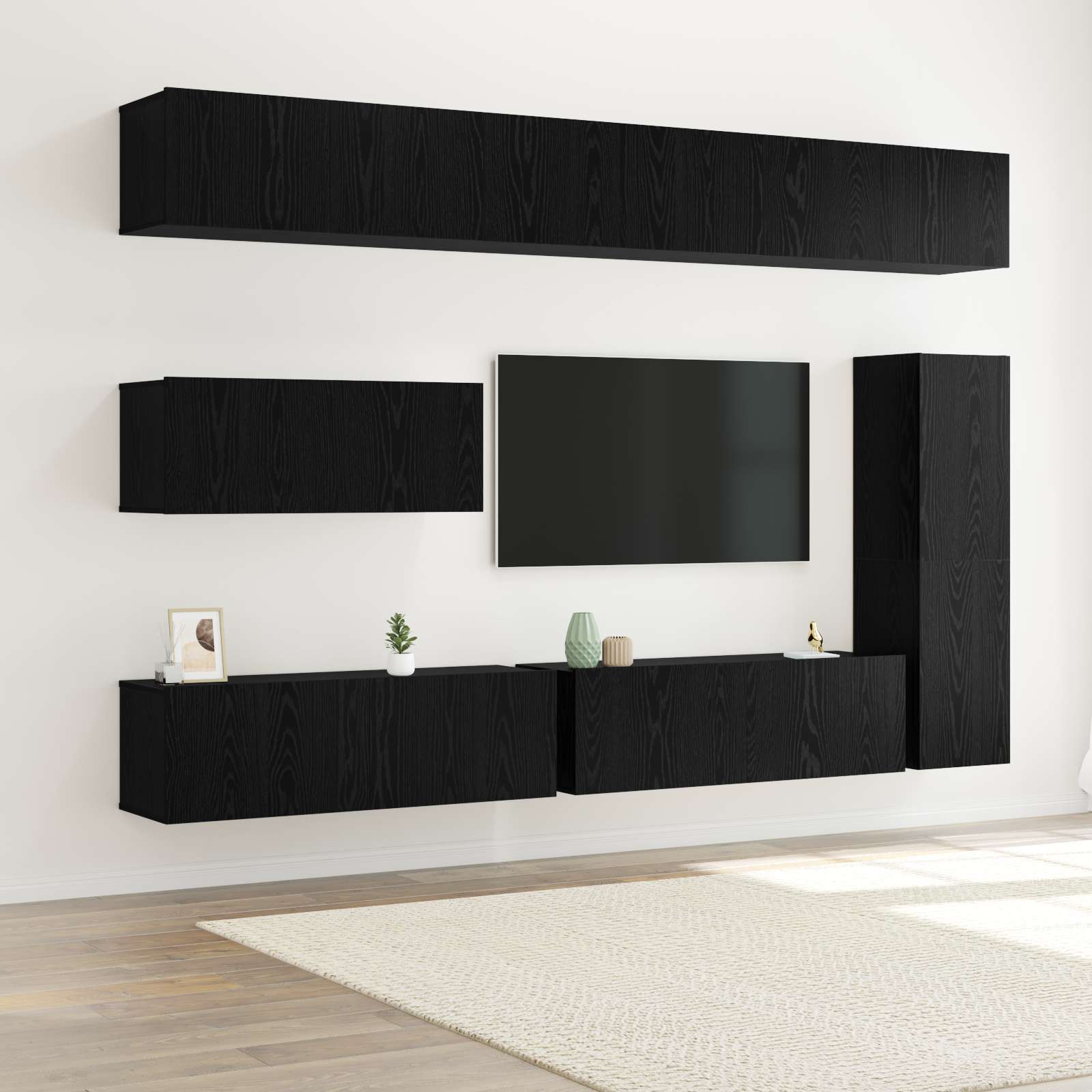 7-teiliges TV Schrank Set Wandmontiert Schwarz Eiche Holzwerkstoff 7-teiliges TV Schrank Set Wandmontiert Schwarz Eiche Holzwerkstoff