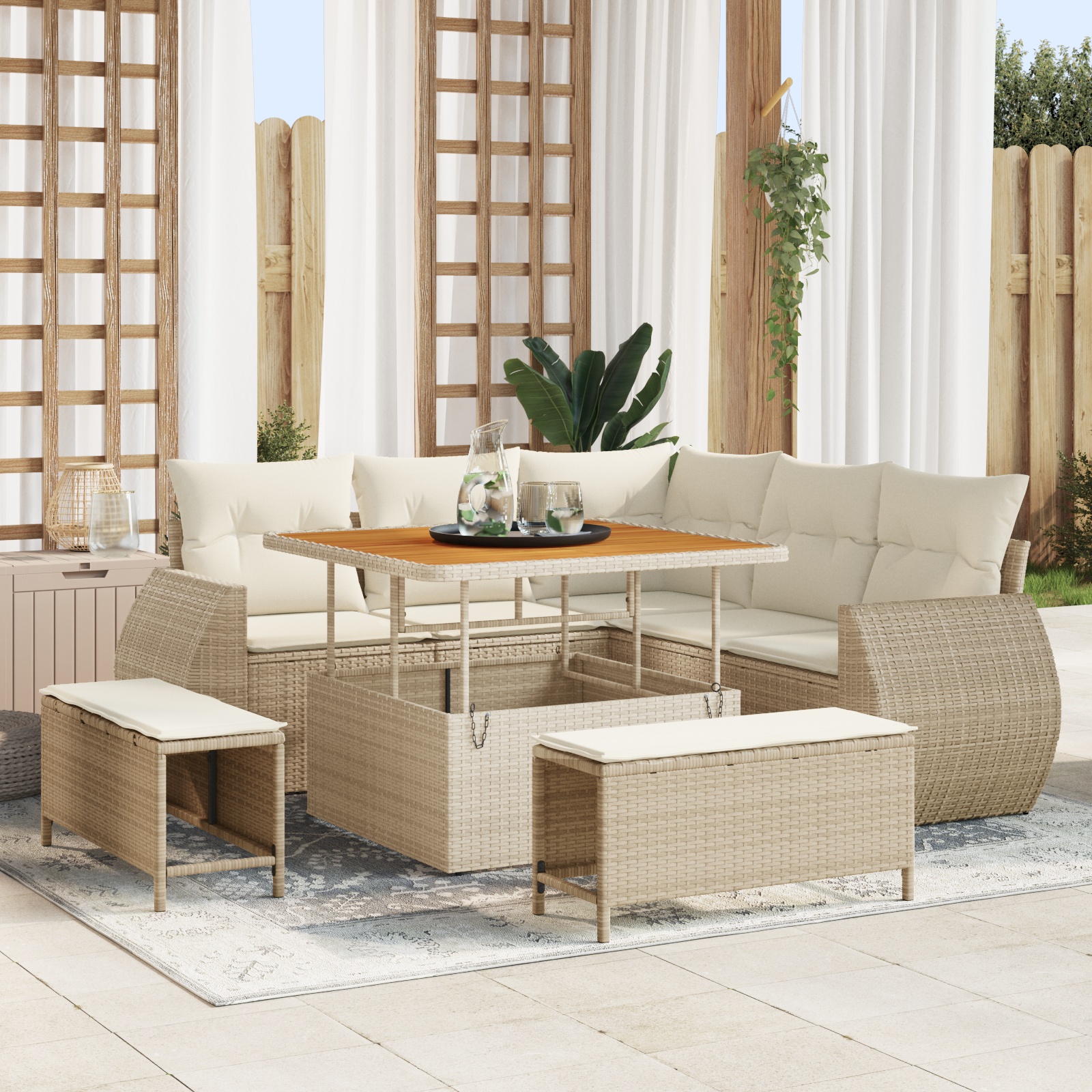 8-tlg. Garten-Sofagarnitur mit Kissen Beige Poly Rattan Akazie 8-tlg. Garten-Sofagarnitur mit Kissen Beige Poly Rattan Akazie