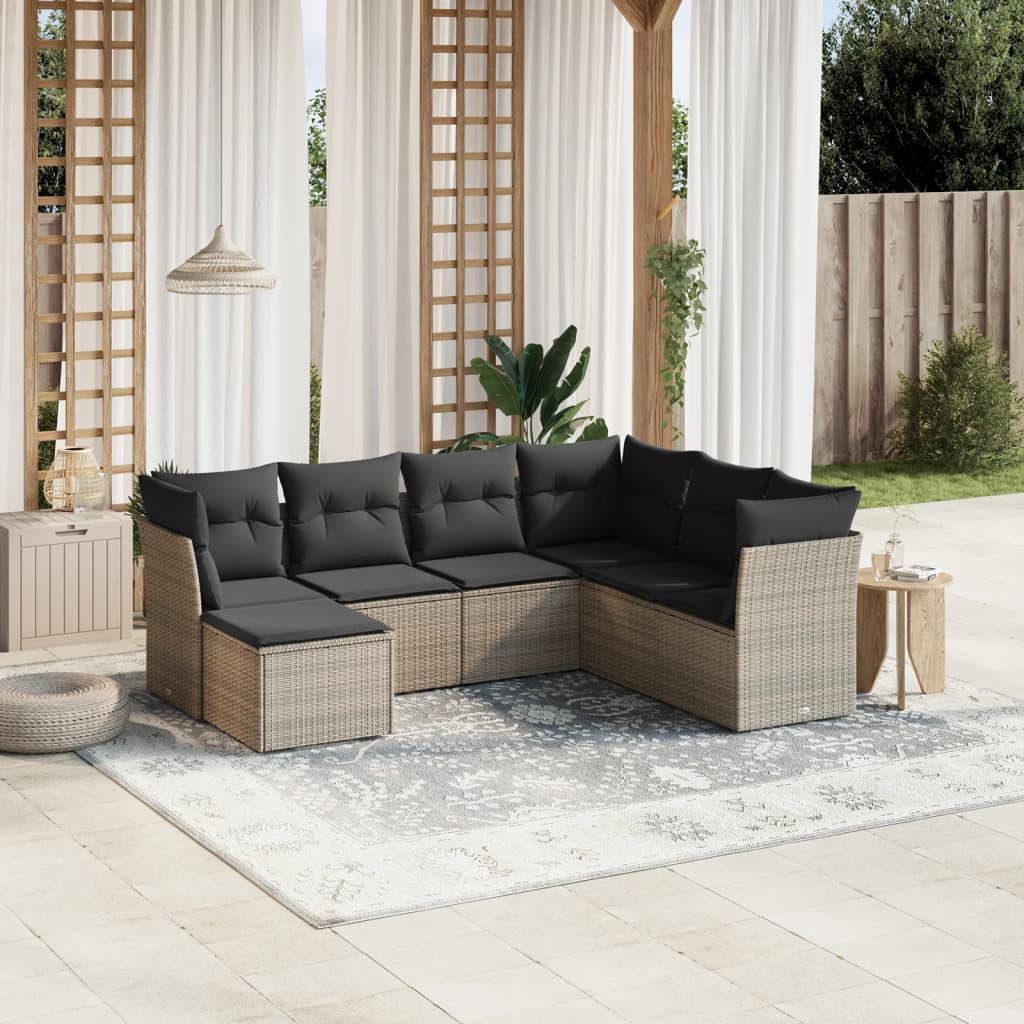 7-tlg. Garten-Sofagarnitur mit Kissen Grau Poly Rattan 7-tlg. Garten-Sofagarnitur mit Kissen Grau Poly Rattan