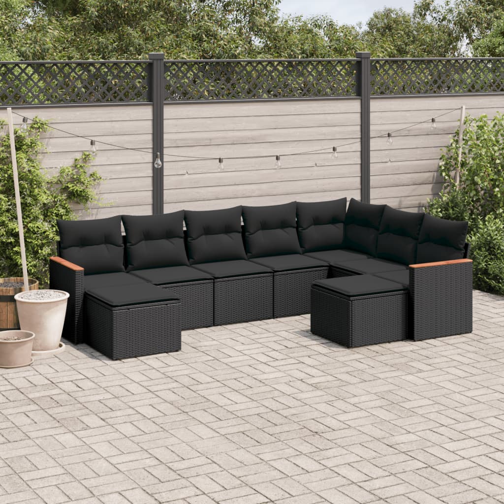 9-tlg. Garten-Sofagarnitur mit Kissen Schwarz Poly Rattan 9-tlg. Garten-Sofagarnitur mit Kissen Schwarz Poly Rattan