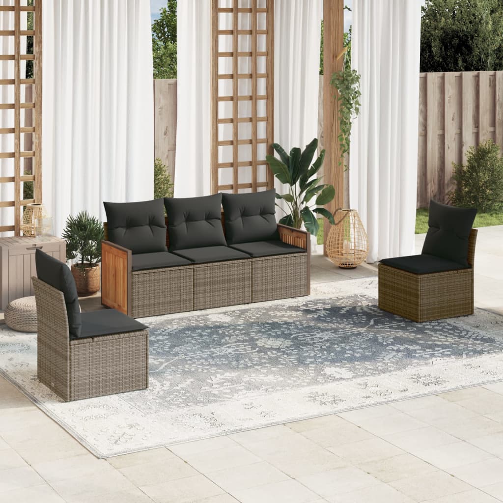 5-tlg. Garten-Sofagarnitur mit Kissen Grau Poly Rattan 5-tlg. Garten-Sofagarnitur mit Kissen Grau Poly Rattan