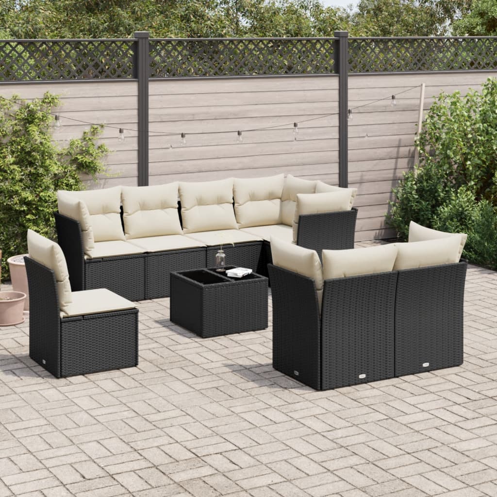 9-tlg. Garten-Sofagarnitur mit Kissen Schwarz Poly Rattan 9-tlg. Garten-Sofagarnitur mit Kissen Schwarz Poly Rattan