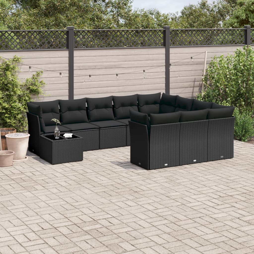 11-tlg. Garten-Sofagarnitur mit Kissen Schwarz Poly Rattan 11-tlg. Garten-Sofagarnitur mit Kissen Schwarz Poly Rattan