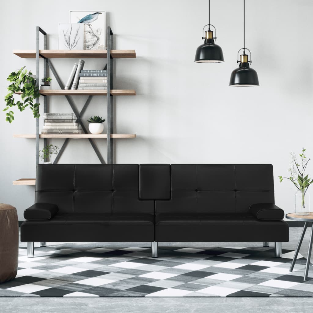 Schlafsofa mit Getränkehaltern Schwarz Kunstleder Schlafsofa mit Getränkehaltern Schwarz Kunstleder