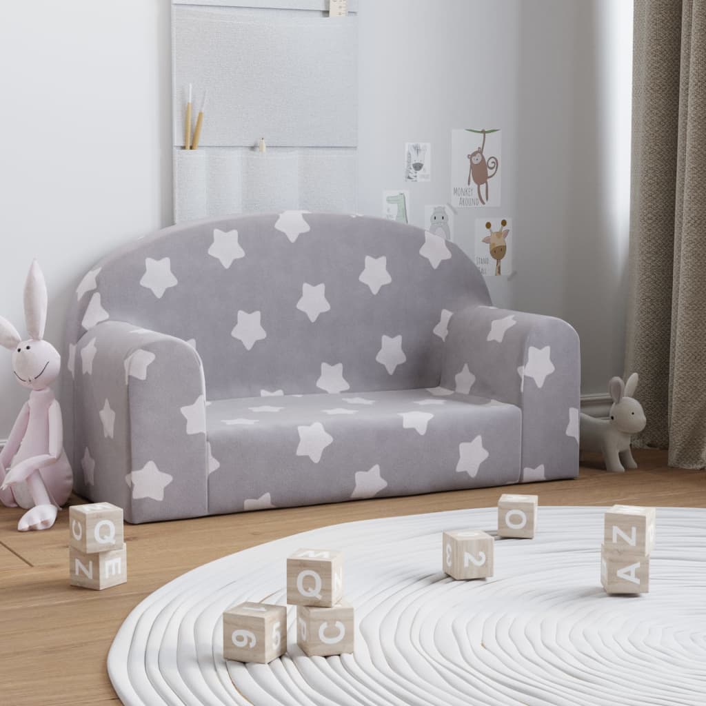 Kindersofa 2-Sitzer Hellgrau mit Sternen Weich Plüsch Kindersofa 2-Sitzer Hellgrau mit Sternen Weich Plüsch