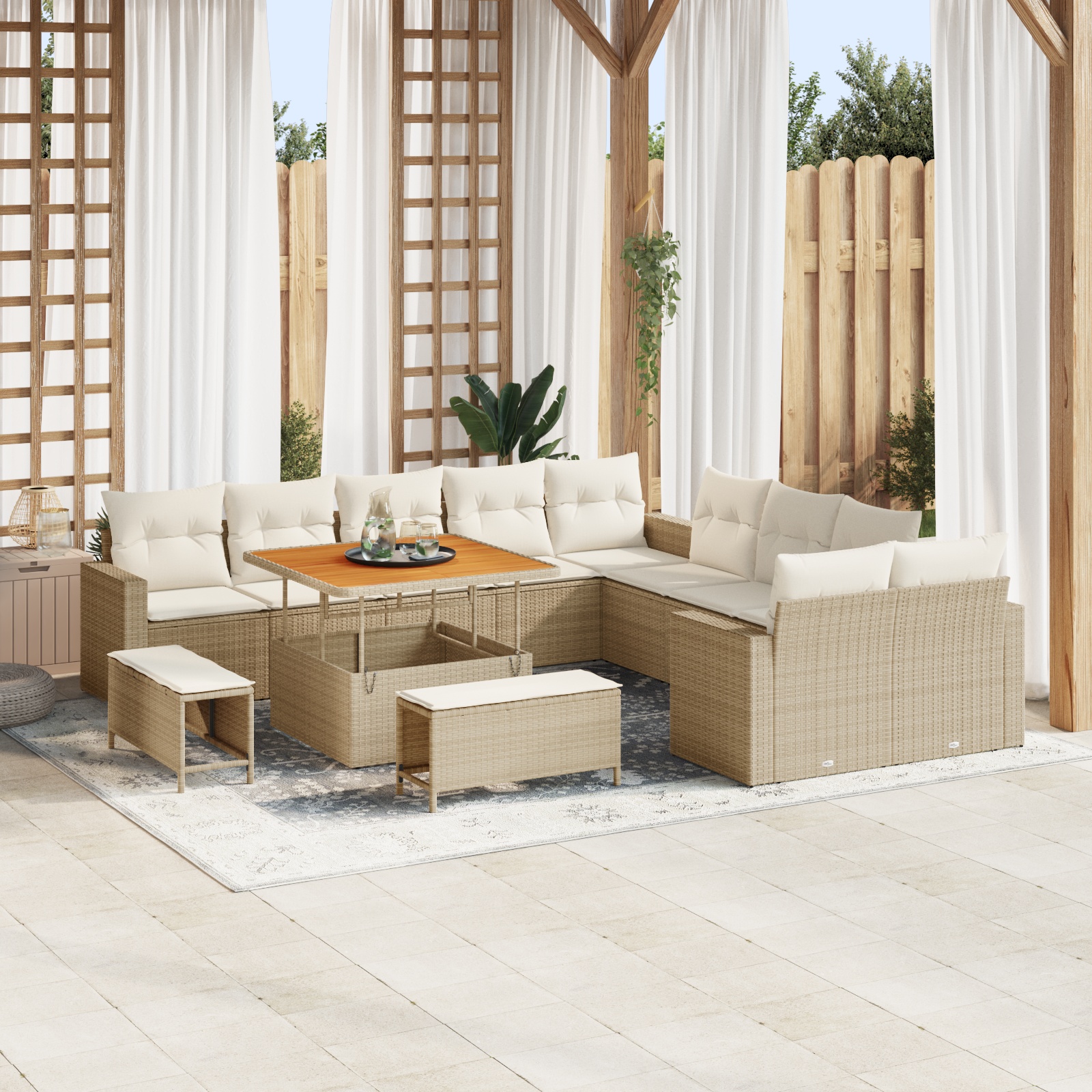 13-teiliges Garten Sofa Set mit Kissen Beige Poly Rattan Akazie 13-teiliges Garten Sofa Set mit Kissen Beige Poly Rattan Akazie