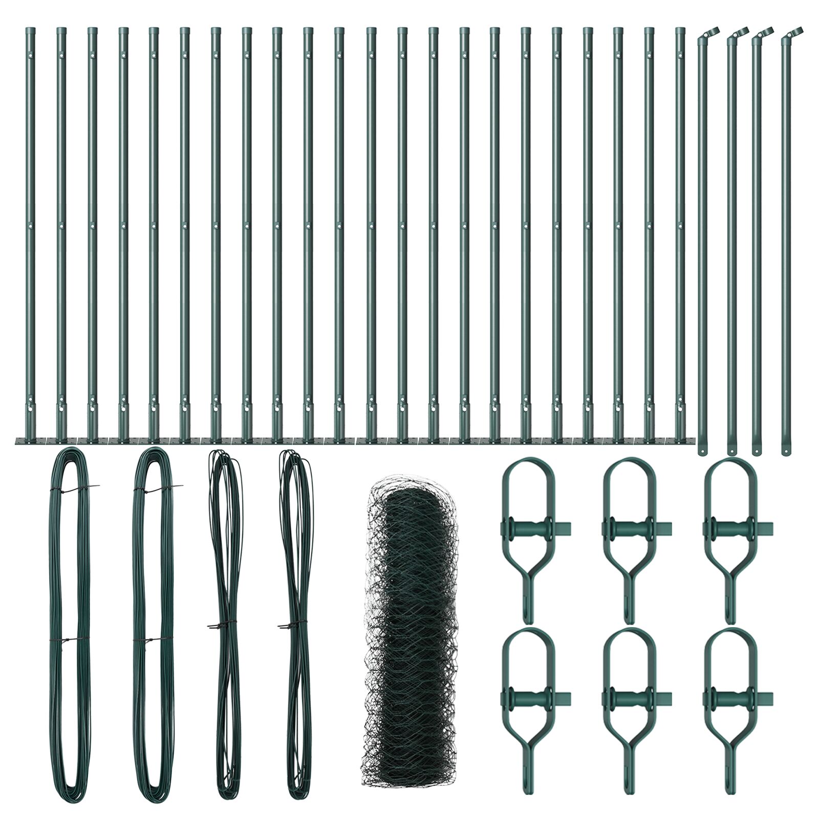 Sechseckenzaun Grün 0.8x50 m Stahl, Zaunpfosten mit Grundplatten 13 Stück Ø32mm 90cm galvanisierter Stahl
