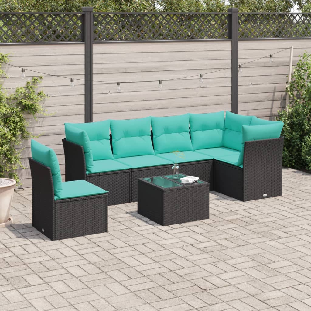7-tlg. Garten-Sofagarnitur mit Kissen Schwarz Poly Rattan 7-tlg. Garten-Sofagarnitur mit Kissen Schwarz Poly Rattan
