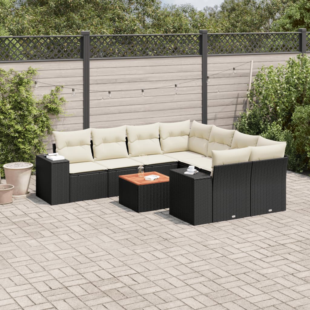9-tlg. Garten-Sofagarnitur mit Kissen Schwarz Poly Rattan 9-tlg. Garten-Sofagarnitur mit Kissen Schwarz Poly Rattan